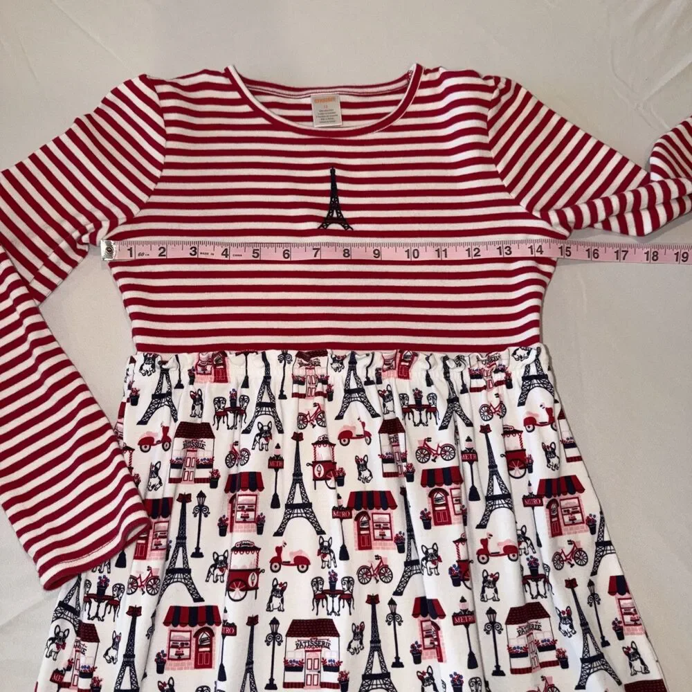 Gymboree Dress Girls Sz 12 Red Blue Fit & Flare Eiffel Tower Paris Frenchie